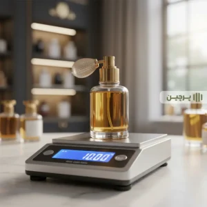 وزن‌کشی دقیق ۱۰ گرم عطر اسانس روی ترازوی دیجیتال.